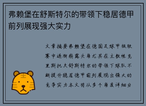 弗赖堡在舒斯特尔的带领下稳居德甲前列展现强大实力 弗赖堡在舒斯特尔的带领下稳居德甲前列展现强大实力
